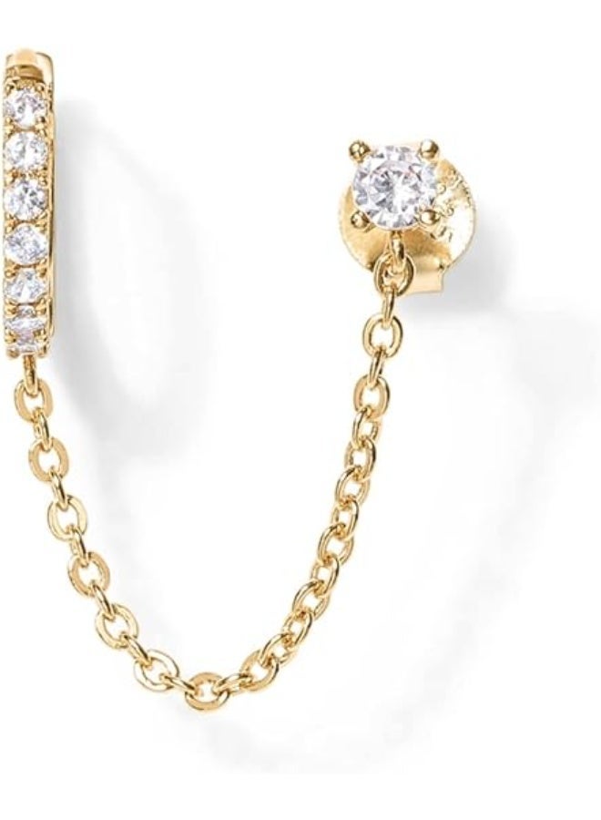 Ucanbe 14K Gold Chain Earrings for Women – Double Piercing Dangle Chain Huggie Hoop with CZ Pearl Stud Ear Cuff - Image 3